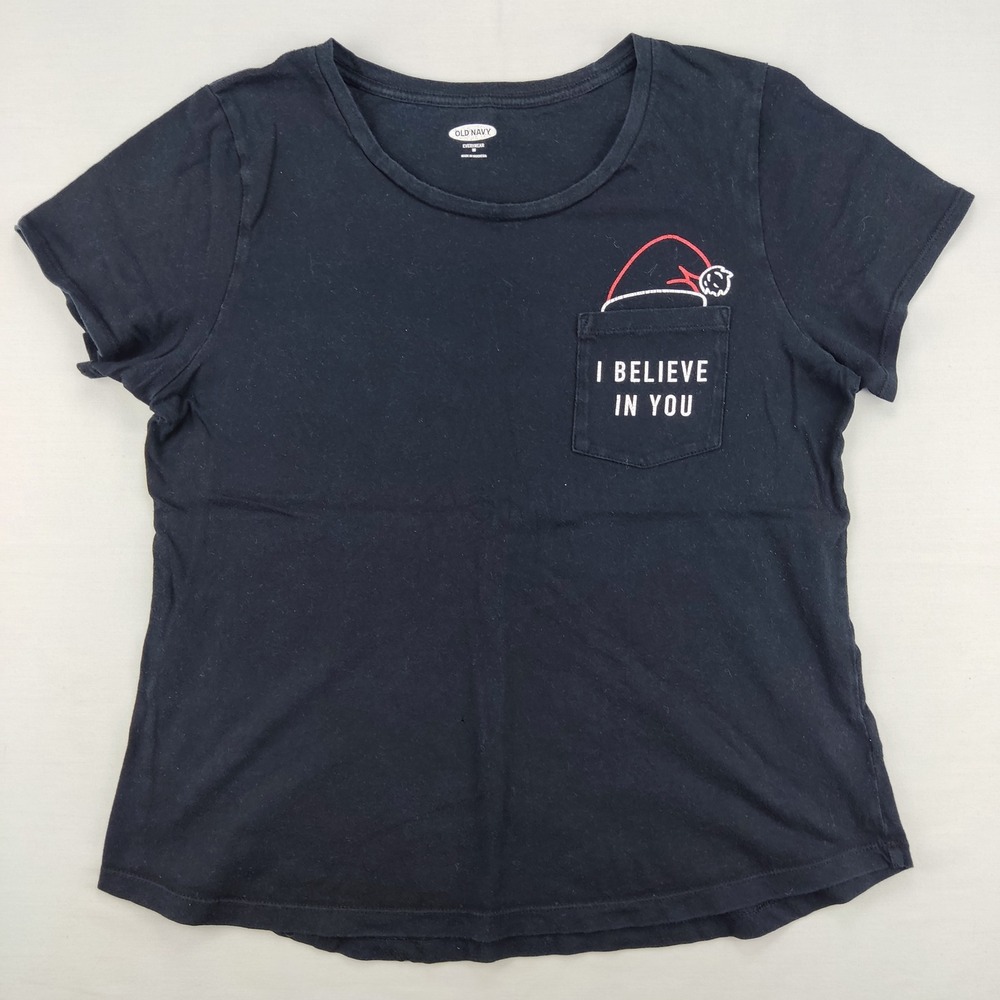 Old Navy T-Shirt Womens M Black I Believe‎ In You Santa Hat EveryWear Pocket Tee